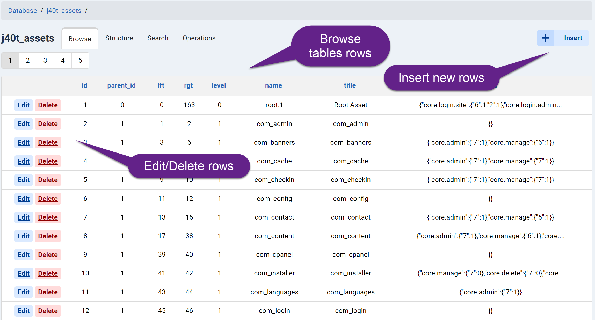 Browsing Tables in ChronoMyAdmin Joomla Admin Database Tool