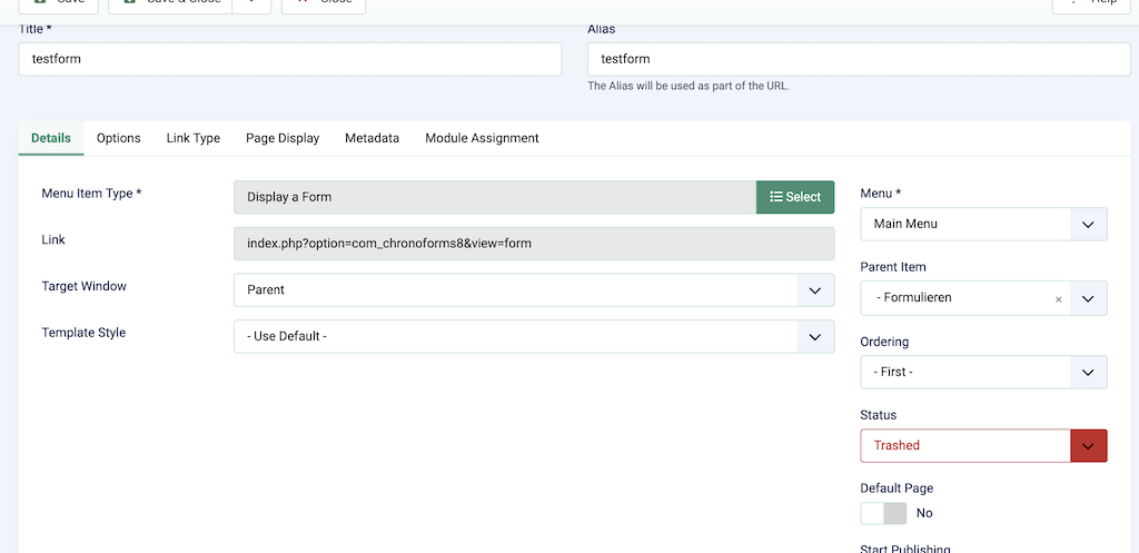Saving a form in a menu status goes to Thrashed image 1